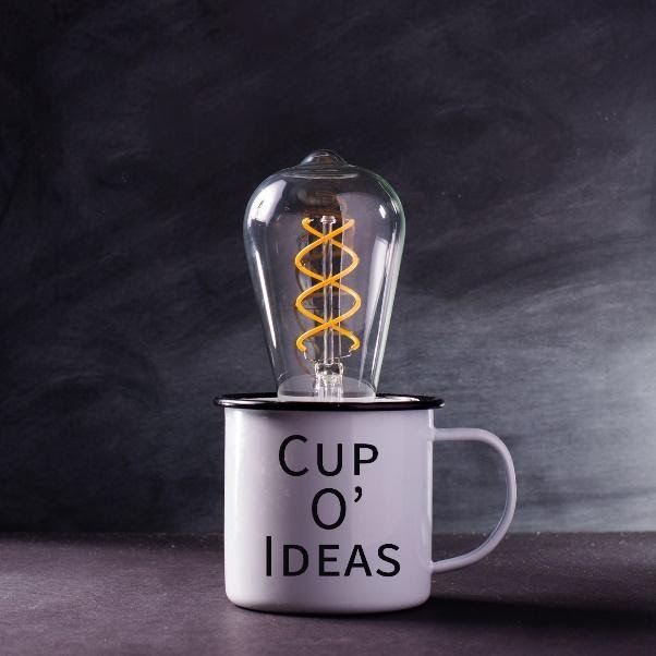 Edison Lightbulb in a coffee cup labeled Cup o' Ideas
