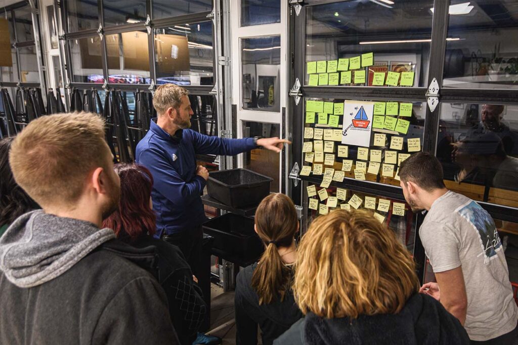 people looking at ideas on sticky notes