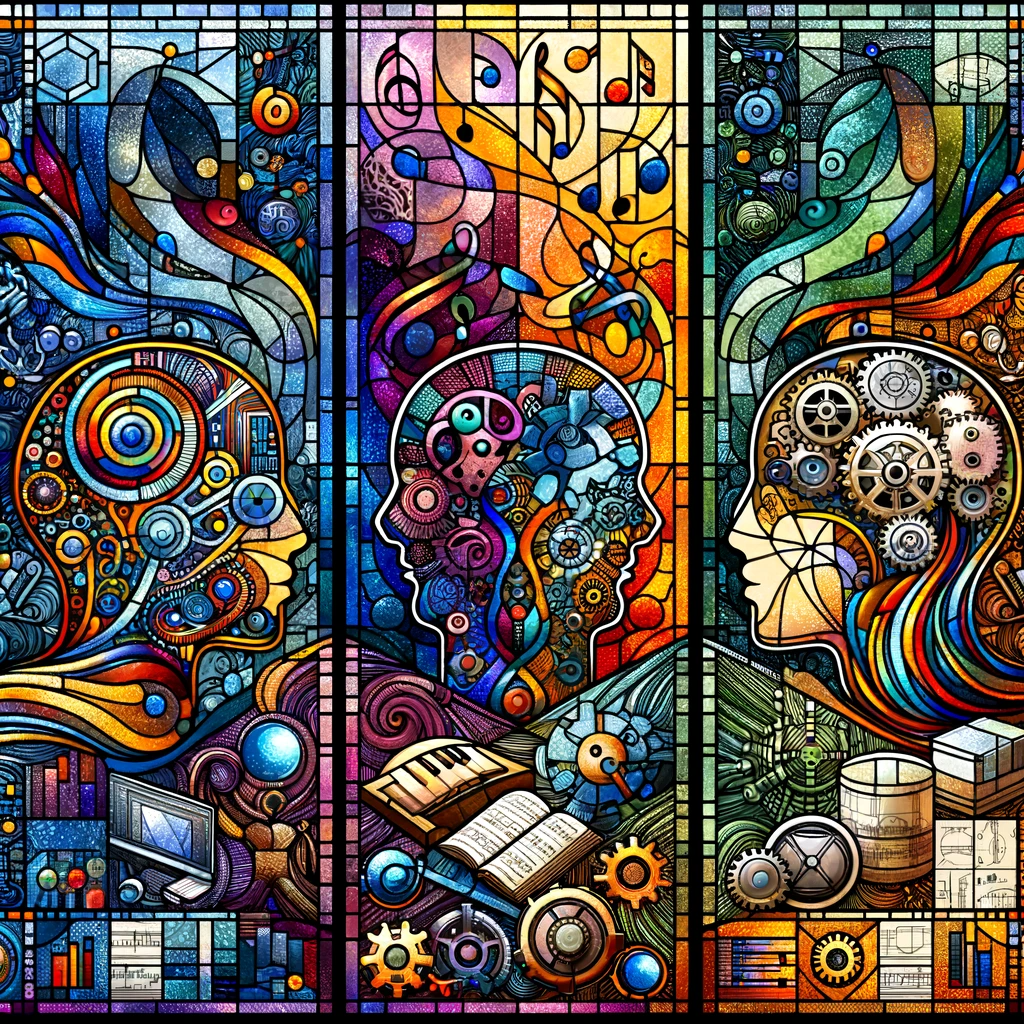 DALL·E 2024 01 24 23.01.20 A stained glass window illustrating the merger of conscious communication music composition and engineering. The wind